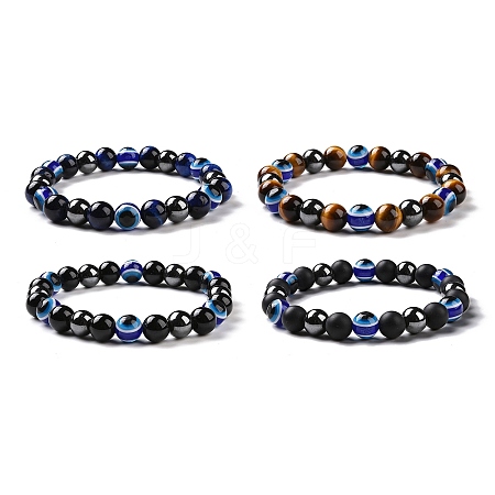 4Pcs Natural Gemstone and Evil Eye Resin Beads Stretch Bracelets Set for Women Men BJEW-JB08940-1