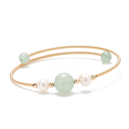 Natural Green Aventurine & Pearl Round Beaded Bangle BJEW-JB08464-04-1