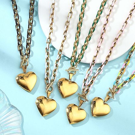 304 Stainless Steel Enamel Photo Heart Locket Pendant Cable Chain Necklaces with OT Clasps for Women Men NJEW-JN06005-1