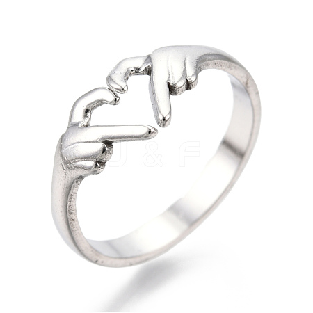 Non-Tarnish 304 Stainless Steel Hand Heart Cuff Rings RJEW-N038-121P-1