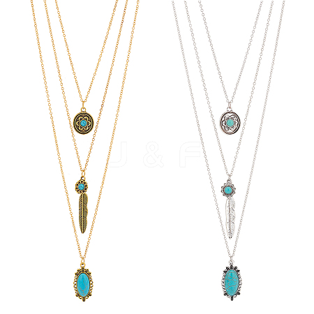 ANATTASOUL 2Pcs 2 Colors Flower & Feather & Oval Imitation Turquoise Pendants 3 Layer Necklaces Set NJEW-AN0001-06-1