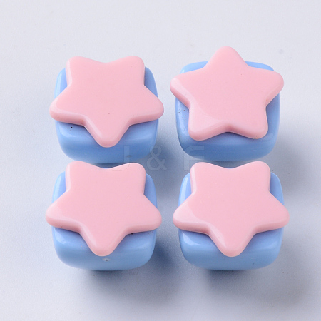  Jewelry Beads Findings Opaque Acrylic Beads, Two Tone, with Star Flat Plate, Half Drilled, Pyramid, Pink, 16~17x16x13.5mm, Half Hole: 3.5mm