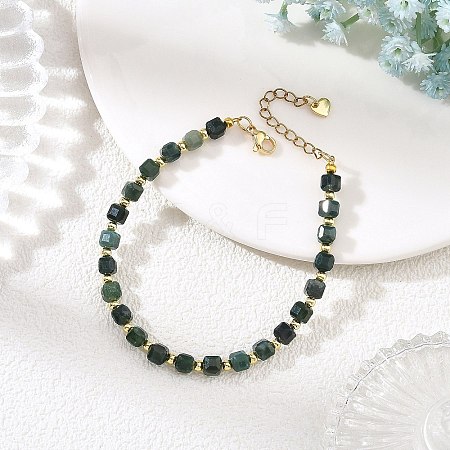 Faceted Cube Natural Moss Agate and Round Brass Beaded Bracelets BJEW-JB14445-1