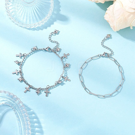 304 Stainless Steel Paperclip & Figaro Chain Bracelets for Women BJEW-JB12445-01-1