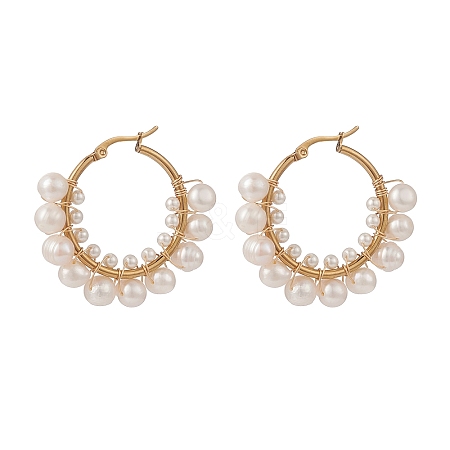 Natural Pearl Beaded Hoop Earrings EJEW-TA00156-1