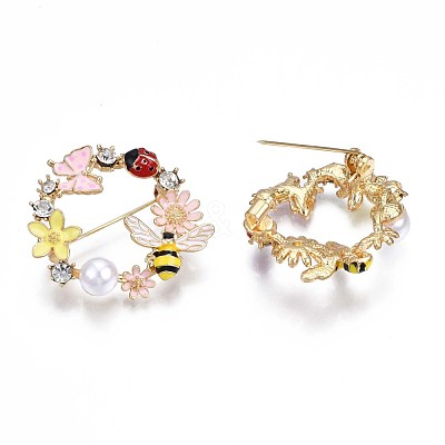 Flat Round with Butterfly Bee Flower Enamel Pin with Rhinestone JEWB-N007-070-1
