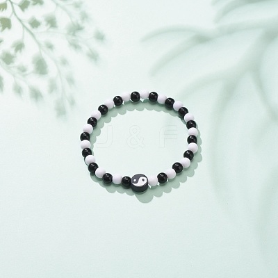 Polymer Clay Yin Yang & Acrylic Round Beaded Stretch Bracelet for Women BJEW-JB08529-1