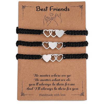 3Pcs 3 Style Stainless Steel Heart Link Bracelets Set BJEW-SW00106-02-1