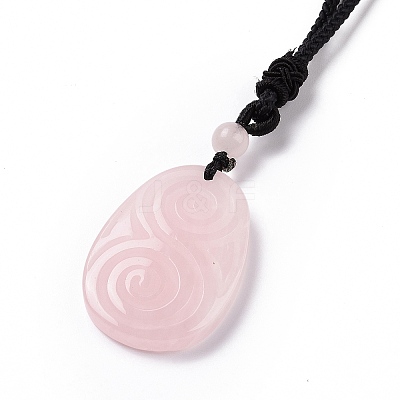 Adjustable Natural Rose Quartz Teardrop with Spiral Pendant Necklace with Nylon Cord for Women NJEW-L171-04E-1