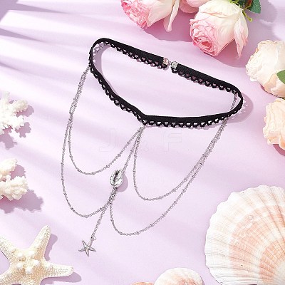 304 Stainless Steel Cable Chains & Electroplated Shell Pendant Tassel Thigh Leg Chains AJEW-AN00649-01-1