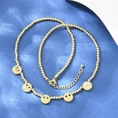 Brass Micro Pave Colorful Cubic Zirconia Smiling Face Round Beaded Bib Necklaces for Women NJEW-F364-07A-G-1