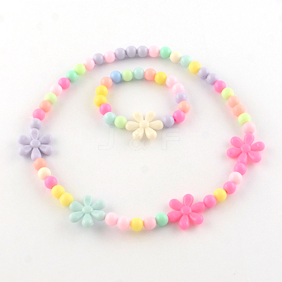 Flower Acrylic Pendant Necklaces and Stretch Bracelets Jewelry Sets SJEW-R048-05-1