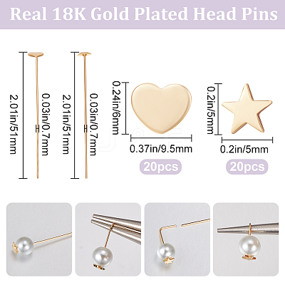 40Pcs 2 Styles Brass Heart & Star Head Pins KK-BBC0009-53-1