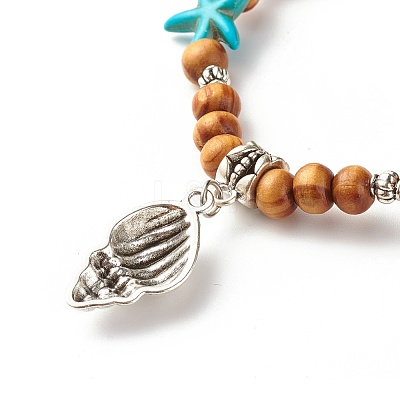 Starfish Synthetic Turquoise Beads & Round Natural Wood Beads Stretch Bracelet BJEW-JB07270-1
