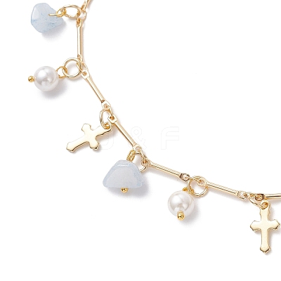 3Pcs 3 Styles Natural Aquamarine & White Moonstone & Green Aventurine Chip & Round Shell Pearl Cross Tassel Anklets AJEW-AN00716-1