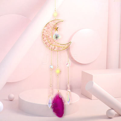 Wire Wrapped Natural Rose Quartz Moon with Tree of Life Pendant Decorations HJEW-K046-07G-05-1