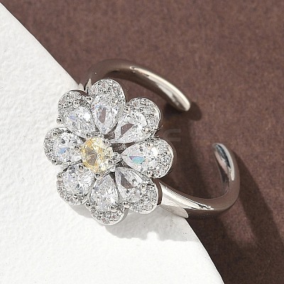 Flower Brass Micro Pave Cubic Zirconia Cuff Rings for Women RJEW-A069-01B-P-1