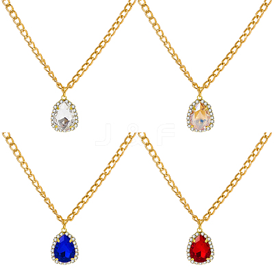 4Pcs 4 Colors Brass Rhinestone Teardrop Pendant Aluminum Chain Necklaces for Women NJEW-HY0001-33-1