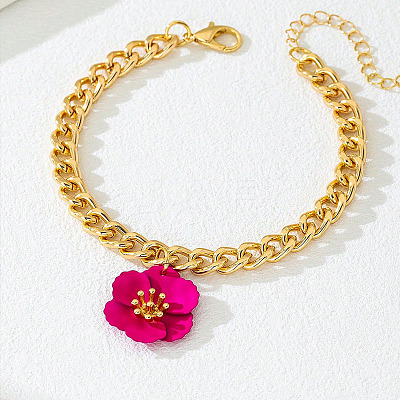 Deep Pink Flower Alloy Charm Twisted Chain Anklets for Women FS-WGF82CC-02-1