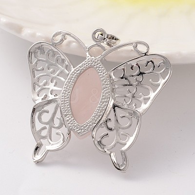 Butterfly Platinum Tone Brass Natural Rose Quartz Pendants G-M288-02-1