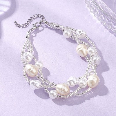 Round Plastic Imitation Pearl Multi-strand Beaded Bracelets for Women BJEW-JB12913-1