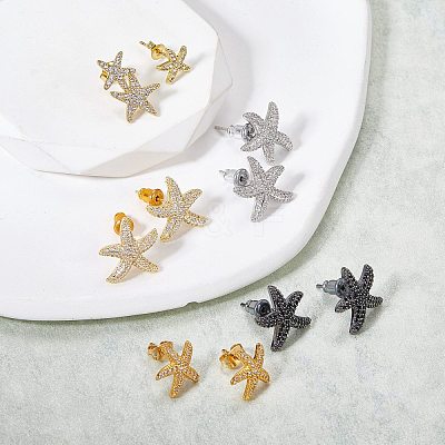 1 Pair Starfish Brass Micro Pave Clear Cubic Zirconia Studs Earrings EJEW-SZ0002-08G-1