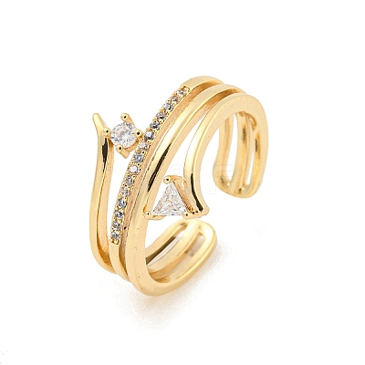 Triangle & Flat Round Brass Micro Pave Clear Cubic Zirconia Open Cuff Rings RJEW-G309-28G-1