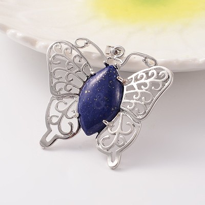 Butterfly Platinum Tone Brass Natural Lapis Lazuli Pendants G-M288-11-1