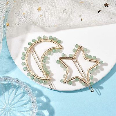 2Pcs Moon & Star Alloy with Natural Green Aventurine Hollow Hair Barrettes PHAR-JH00105-05-1