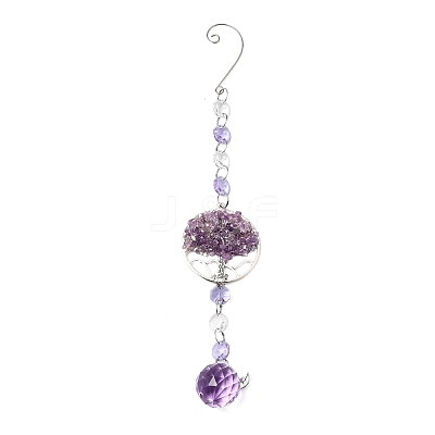 Tree of Life Natural Amethyst Chips & Glass Crystal Round Suncatchers HJEW-E013-07P-1