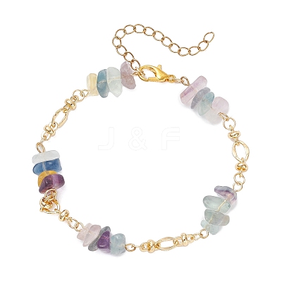 Natural Fluorite Chips & Brass Link Chain Bracelets BJEW-JB12642-1