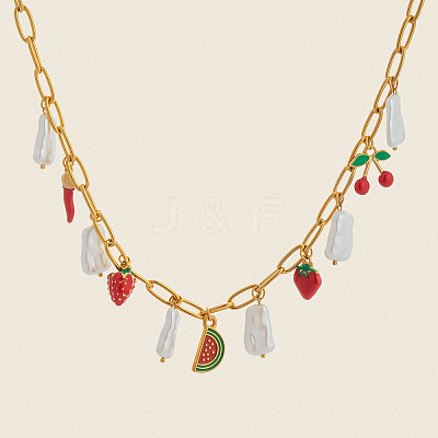 Ocean 304 Stainless Steel Enamel Red Strawberry Watermelon & Natural Freshwater Pearl Pendant Paperclip Chain Bib Necklaces for Women VT2303-1