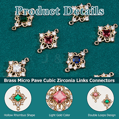 10Pcs 5 Colors Brass Pave Clear Cubic Zirconia & Glass Hollow Rhombus Connector Charms KK-HS0015-56-1