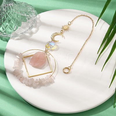 Natural Rose Quartz Chip Beaded Hanging Suncatchers HJEW-TA00288-02-1
