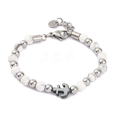 Natural Howlite & Synthetic Magnetic Hematite Anchor Beaded Bracelet BJEW-P339-01P-07-1