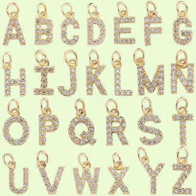 26Pcs 26 Styles Real 18K Gold Plated Brass Micro Pave Clear Cubic Zirconia Charms KK-BBC0018-09-1