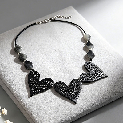 Boho Hollow Black Wood Heart and Nuggets Resin Beaded Bib Necklaces WG28F53-01-1