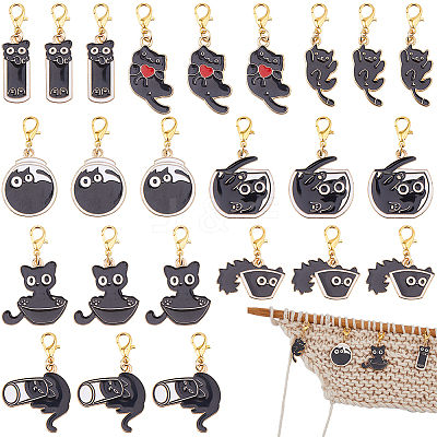 24Pcs 8 Styles Cat Alloy Enamel Pendant Locking Stitch Markers HJEW-HS00078-1