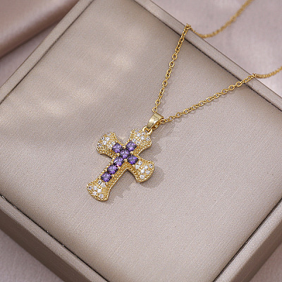 304 Stainless Steel Micro Pave Cubic Zirconia Religion Cross Pendant 304 Stainless Steel Cable Chain Necklaces WG8E2CC-01-1