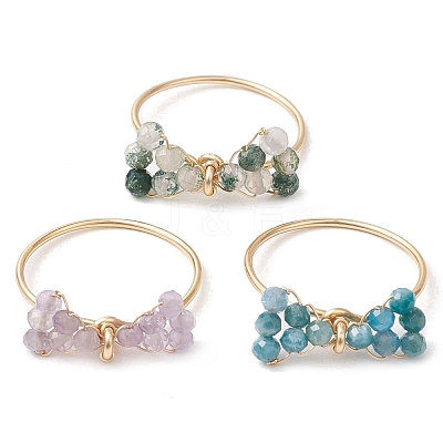3Pcs 3 Styles Bowknot Natural Apatite & Moss Agate & Amethyst Beaded Finger Rings Sets RJEW-TA00148-1