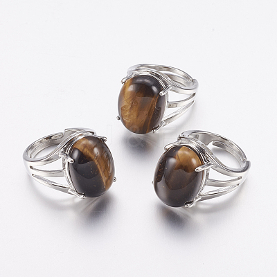 Natural Tiger Eye Wide Band Finger Rings RJEW-K224-A18-1