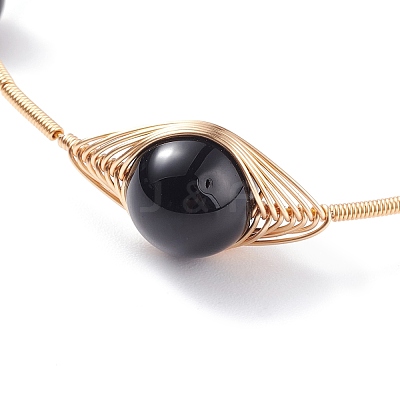 Natural Obsidian Round Beaded Bangle BJEW-JB07816-04-1