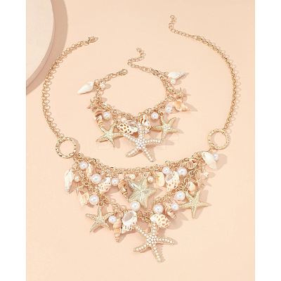 Alloy & Natural Shell & Plastic Pearl Pendant Necklaces & Bracelets Sets FS-WG6B6AD-01-1