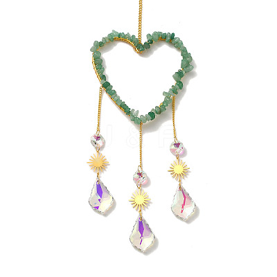Heart Natural Green Aventurine Chips Hanging Ornaments HJEW-G024-01E-1