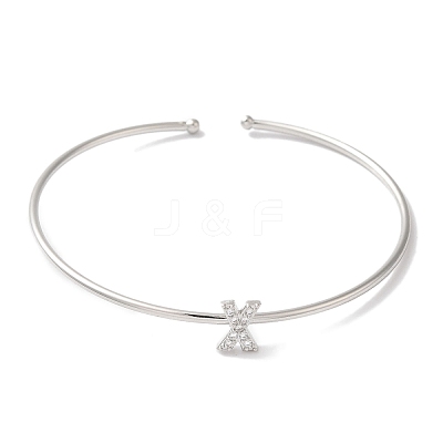 Rack Plating Brass Micro Pave Clear Cubic Zirconia Letter Open Cuff Bangles BJEW-A018-01P-X-1