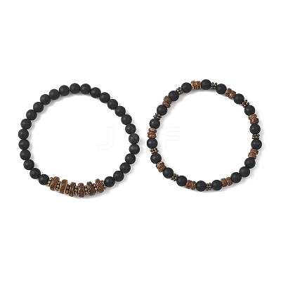 2Pcs 2 Styles Coconut and Natural Black Agate Beads Stretch Bracelets for Women BJEW-JB12672-1
