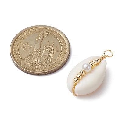 Natural Cowrie Shell Copper Wire Wrapped Pendants X-PALLOY-JF02277-03-1