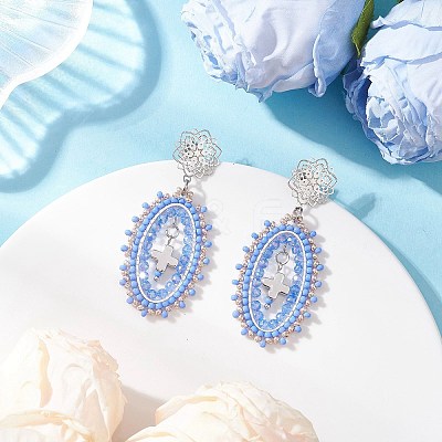 Cross Oval Glass Seed Bead Woven Stud Earrings EJEW-MZ00595-03-1