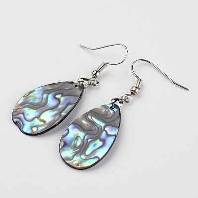 Teardrop Platinum Tone Brass Natural Paua Shell Dangle Earrings EJEW-M060-02-01-1