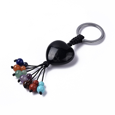 Natural Obsidian Heart with Mixed Gemstone Tassel Keychains KEYC-P012-03P-03-1